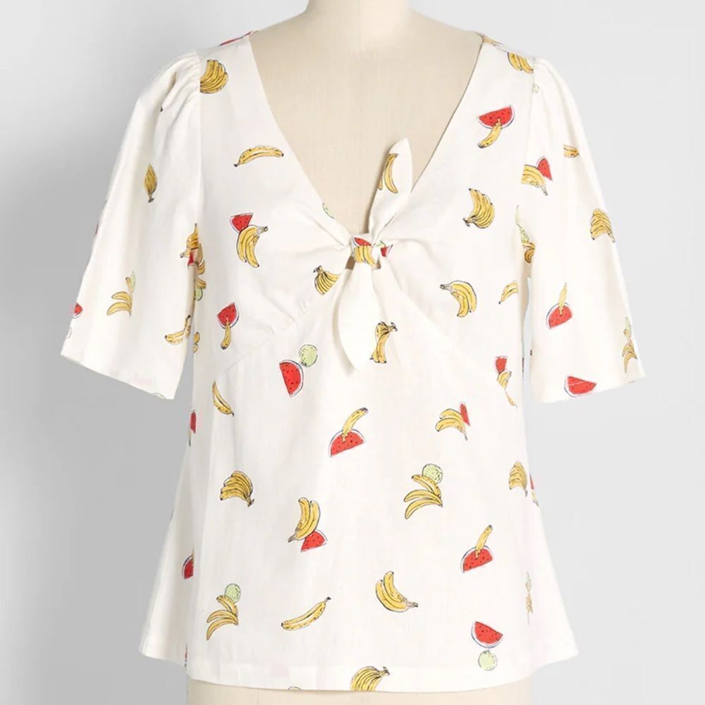 ModCloth M Ivory Red Yellow Pack a Picnic Fruit Print Short Sleeve Tie Front Top
